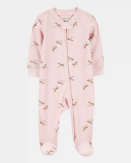 Baby Girl Horse Print 2-Way Zip Ribbed Sleep & Play Pajamas - Pink