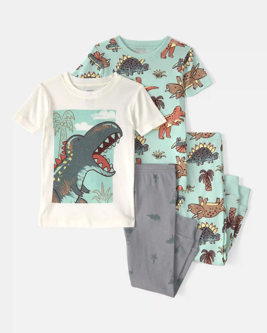 Baby Boy Dinosaur 100% Cotton Snug Fit 4-Piece Pajama Set - Blue/Grey
