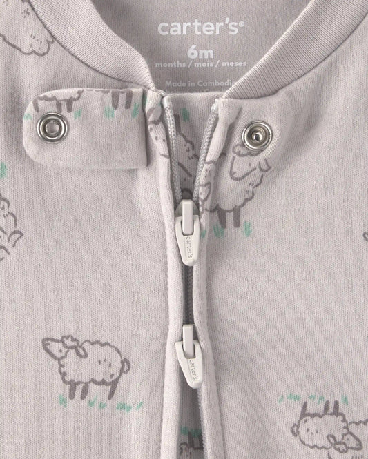 Baby Sheep 100% Cotton 2-Way Zip Sleep & Play Pajamas - Grey