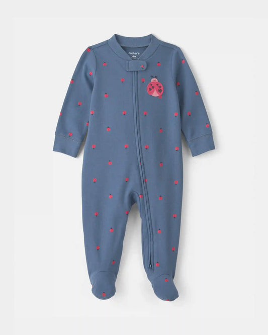 Baby Girl Ladybug 100% Cotton 2-Way Zip Sleep & Play Pajamas - Blue