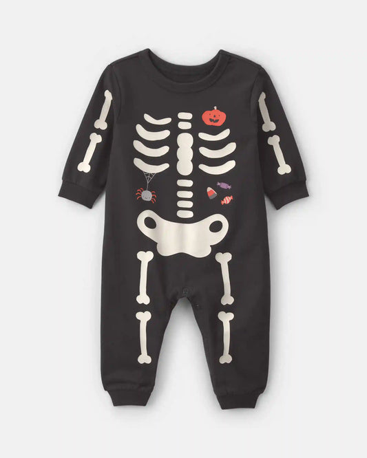 Baby Halloween Skeleton French Terry Long-Sleeve Jumpsuit - Charcoal