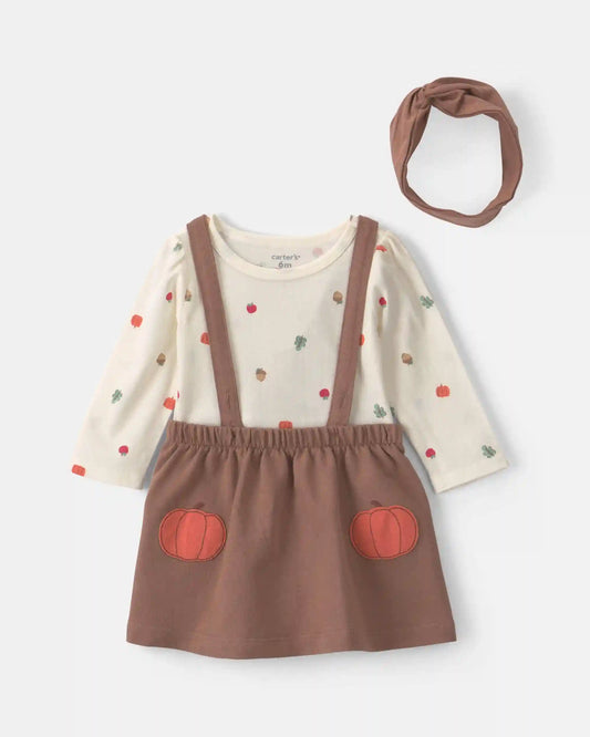 Baby Girl 3-Piece Thanksgiving Long-Sleeve Dress Set - Cream/Brown