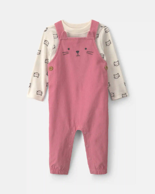 Baby Girl 2-Piece Cat Corduroy Overall Set - Pink
