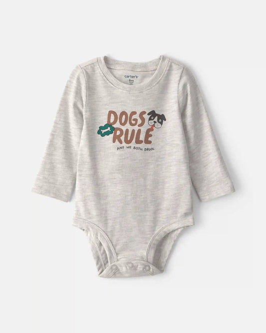 Baby 'Dogs Rule' Long-Sleeve Graphic Bodysuit - Grey