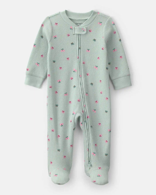 Baby Girl Butterfly Cotton 2-Way Zip Thermal Sleep & Play Pajamas - Green