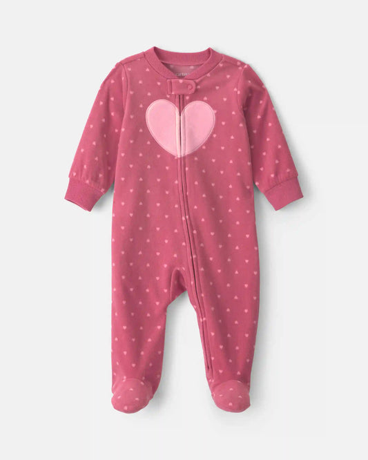 Baby Girl Heart Fleece 2-Way Zip Sleep & Play Pajamas - Pink