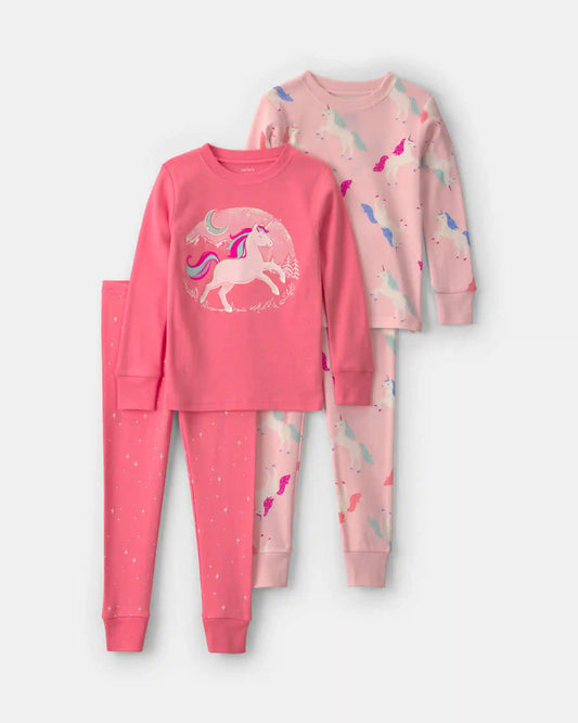 Baby Girl 4-Piece Unicorn 100% Cotton Snug Fit Pajama Set - Coral/Pink