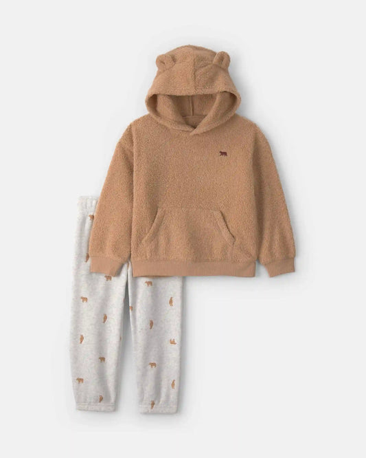 Baby Boy 2-Piece Bear Fleece Hooded Top & Pant Set - Brown/White