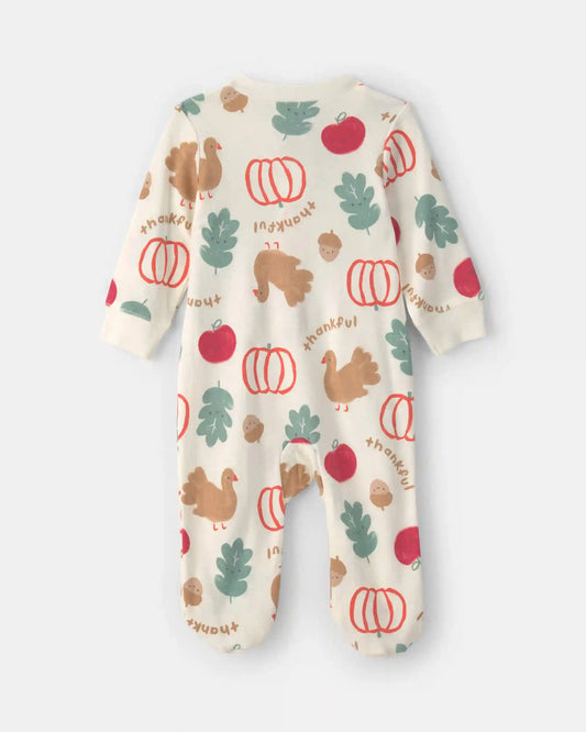 Baby Thanksgiving 100% Cotton 2-Way Zip Sleep & Play Pajamas - Cream