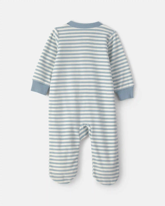 Baby Milk & Cookies Striped Fleece 2-Way Zip Sleep & Play Pajamas - Blue