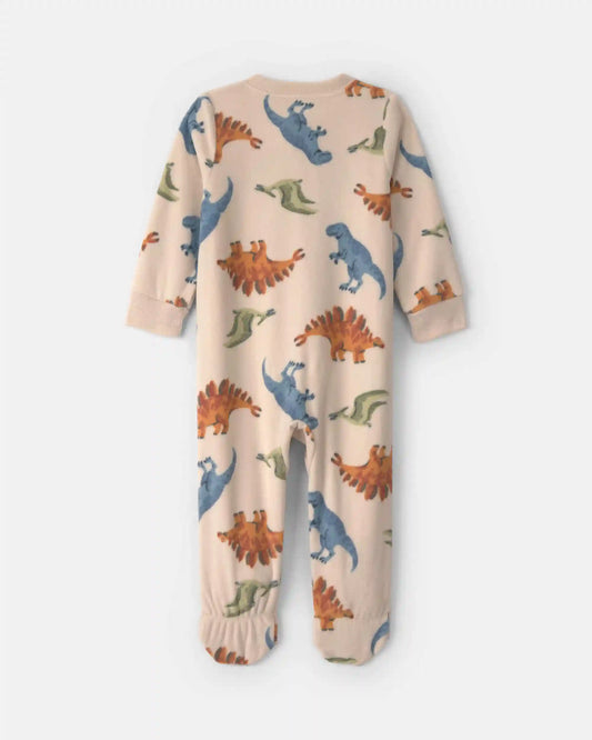 Baby Boy 1-Piece Dino 2-Way Zip Fleece Loose Fit Footed Pajama - Tan