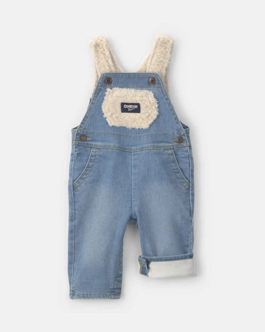 Baby Teddy Fleece Denim Overalls - Light Wash