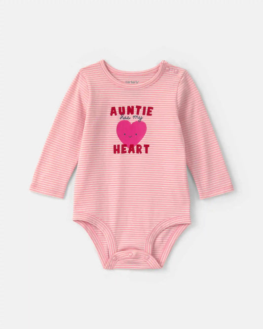 Baby Girl 'Auntie Has My Heart' Striped Long-Sleeve Graphic Bodysuit - Pink