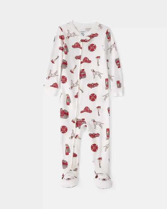 Toddler Boy Firetruck 100% Cotton Snug Fit 1-Piece Pajama - White