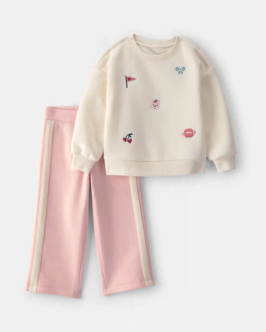 Toddler Girl 2-Piece Varsity Fleece Sweatshirt & Pant Set - Cream/Pink