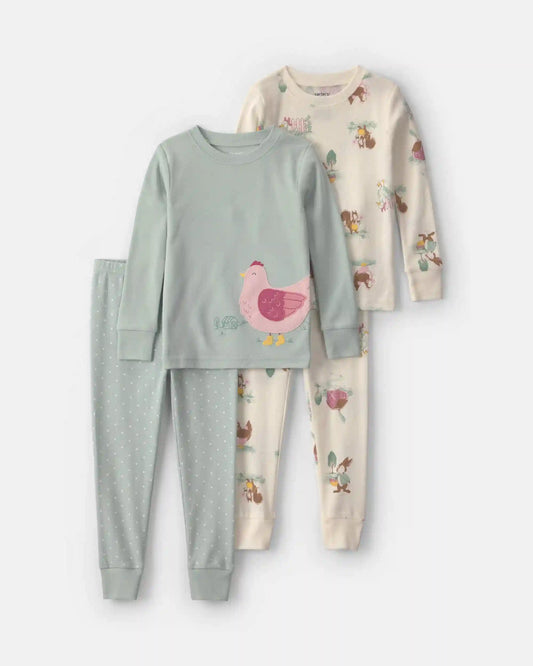 Toddler Girl 4-Piece Country Chicken 100% Cotton Snug Fit Pajama Set - Green/Cream