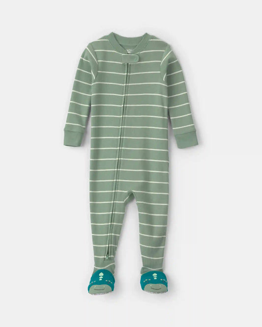 Toddler Boy 1-Piece Dino Striped 100% Cotton Snug Fit Footed Pajama - Green