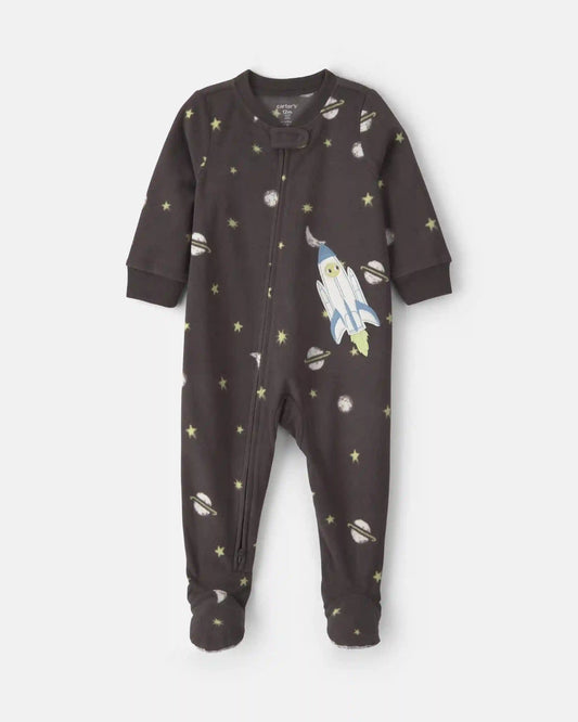 Toddler Boy 1-Piece Space Fleece Loose Fit Footed Pajama - Black
