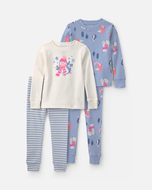 Toddler Girl Penguin Winter Cotton Snug Fit 4-Piece Pajama Set - Purple/White