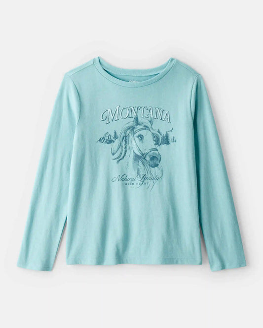 Girls Montana Western Horse Long-Sleeve Graphic Tee - Blue