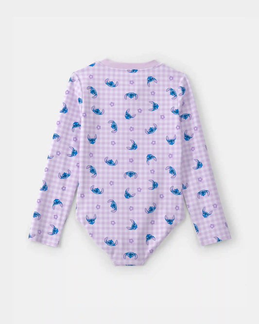 Girls Disney© Lilo & Stitch Gingham 1-Piece Rashguard Swimsuit - Purple/Blue