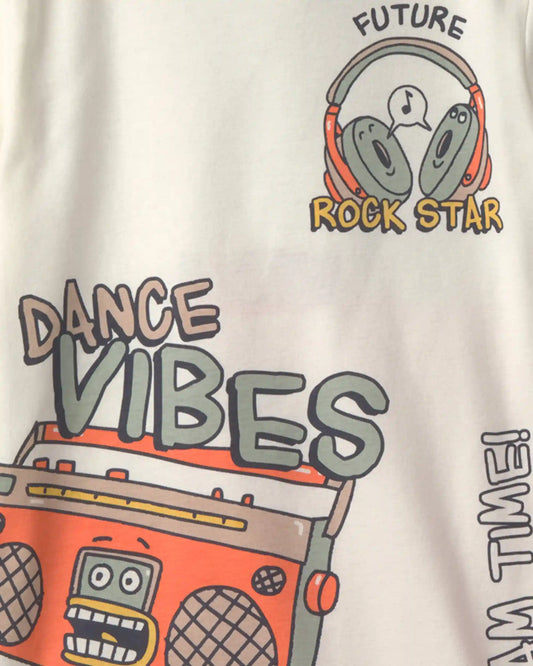 Boys 'Dance Vibes' 100% Cotton 4-Piece Pajama Set - Ivory/Orange