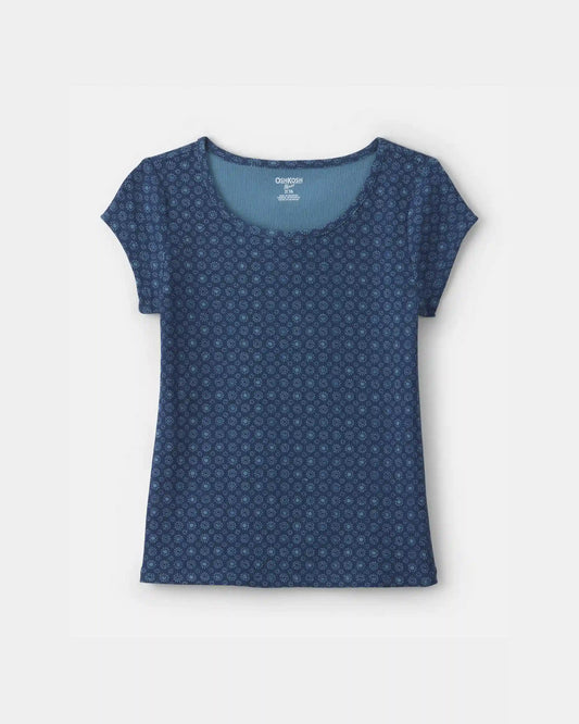 Girls Floral Ribbed Tee - Navy