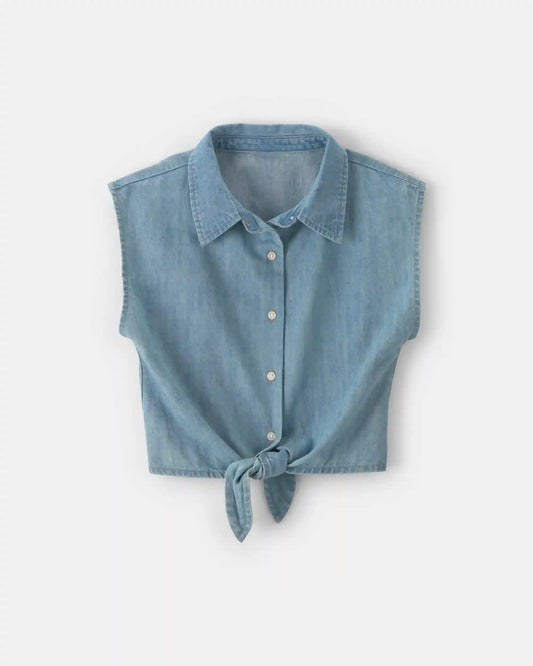 Girls Cropped Denim Tie-Front Top - Blue