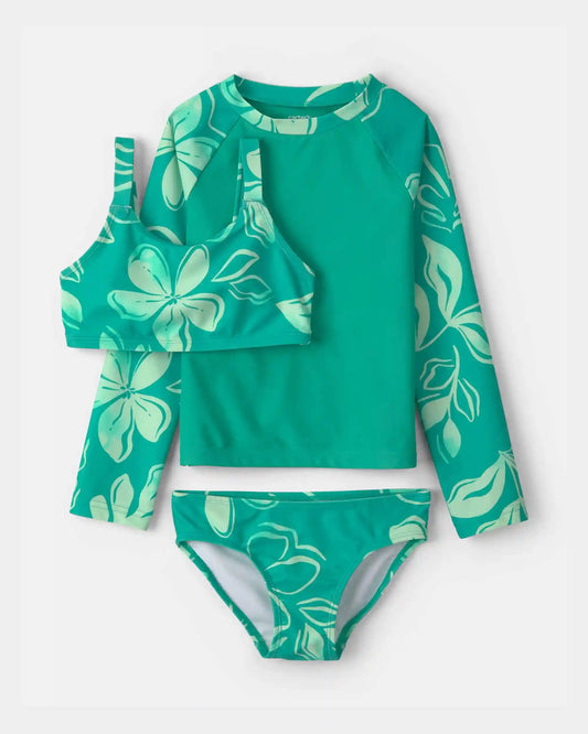 Girls 3-Piece Floral Rashguard Swimsuit Set - Green