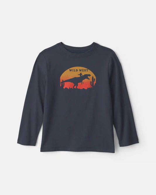 Boys 'Wild West' Dinosaur Long-Sleeve Graphic Tee - Navy Blue