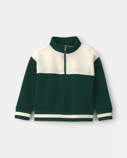 Boys Color Block Fleece Quarter-Zip Pullover Sweatshirt - Dark Green/Cream