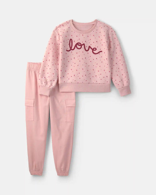 Girls 2-Piece 'Love' Fleece Pullover & Pant Set - Pink