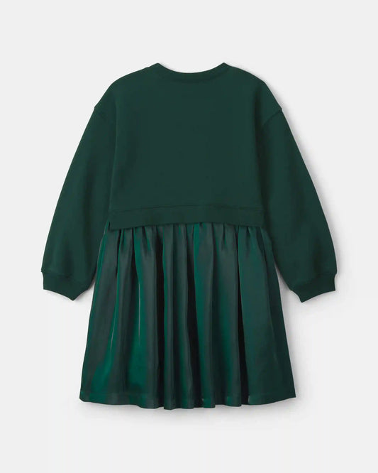 Girls Bow Layered Fleece Dress - Green
