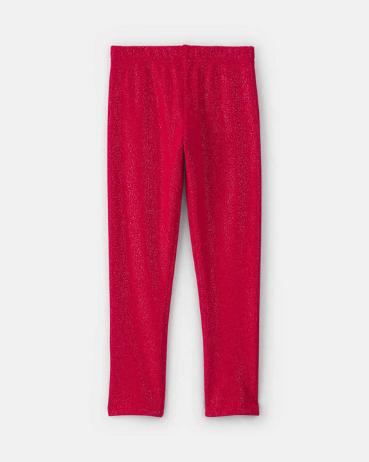 Girls Glitter Fleece Pull-On Stretch Leggings - Red