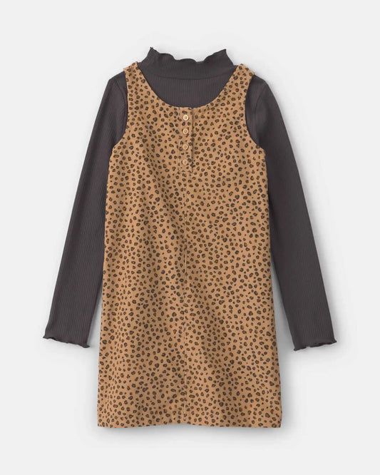 Girls 2-Piece Leopard Corduroy Long-Sleeve Dress Set - Brown/Black