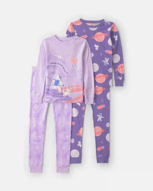 Girls 4-Piece Space Dog Glow in the Dark 100% Cotton Snug Fit Pajama Set - Purple