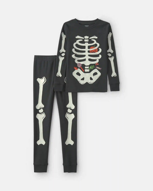 Kids 2-Piece Halloween Glow in the Dark Skeleton 100% Cotton Snug Fit Pajama Set - Charcoal