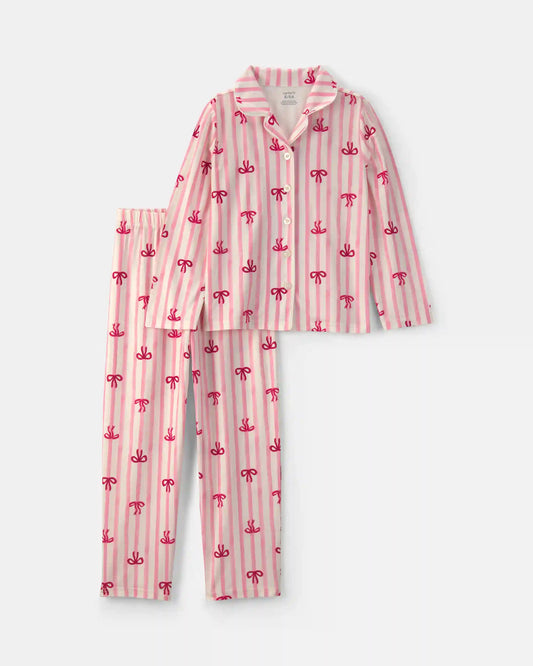Girls Bow Print Relaxed Fit Pajama Set - Pink