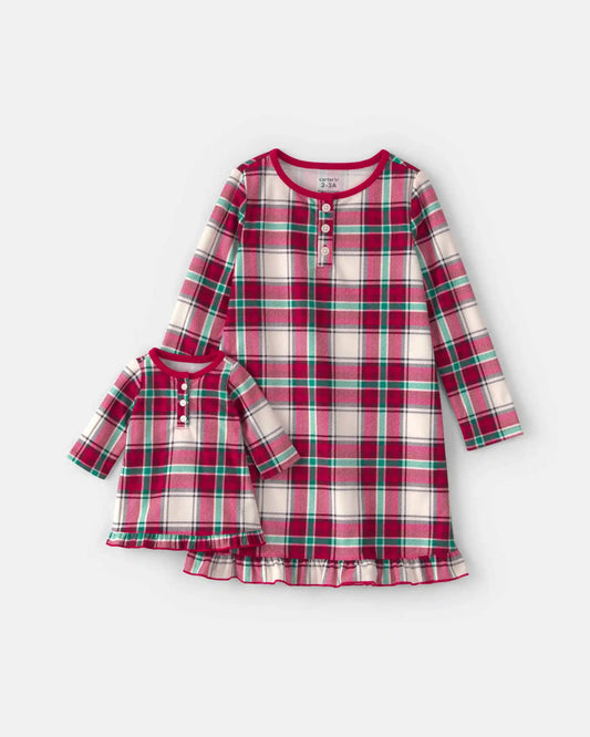 Girls 2-Pack Christmas Plaid Fleece Loose Fit Night Gown & Doll Gown - Red/Green