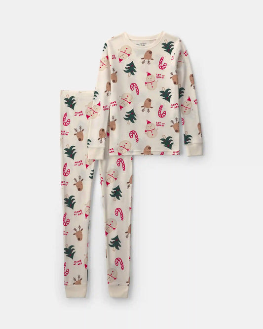 Kids 2-Piece Christmas Holiday Icon 100% Cotton Snug Fit Pajama Set - Cream