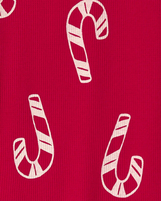 Kids Candy Cane Christmas Thermal Snug Fit 2-Piece Pajama Set - Red