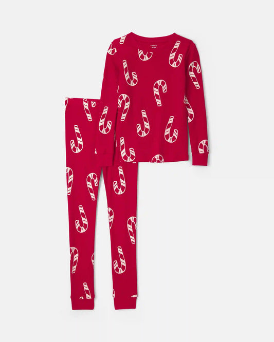 Kids Candy Cane Christmas Thermal Snug Fit 2-Piece Pajama Set - Red