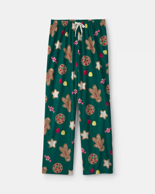 Adult Christmas Gingerbread Fleece Loose Fit Pajama Bottoms - Green