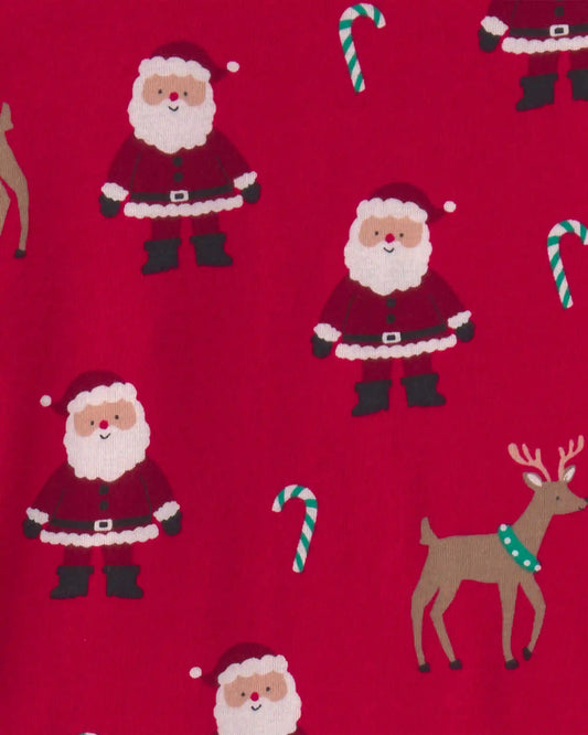 Kids 2-Piece Beige Santa Christmas 100% Cotton Snug Fit Pajama Set - Red