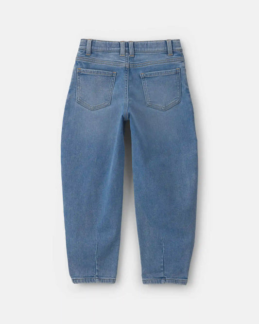 Girls Fleece-Lined Denim Barrel Jeans - Medium Wash