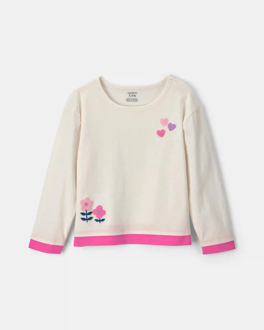 Girls Heart & Flower Long-Sleeve Top - Cream/Pink