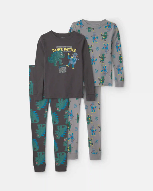 Boys 'Monster vs. Robot Dance Battle' 100% Cotton 4-Piece Pajama Set - Grey