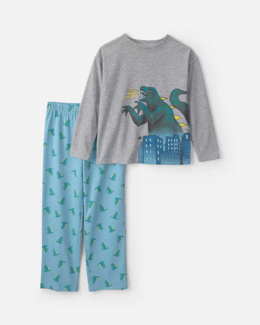 Boys Dinosaur Fleece Loose Fit 2-Piece Pajama Set - Grey/Blue