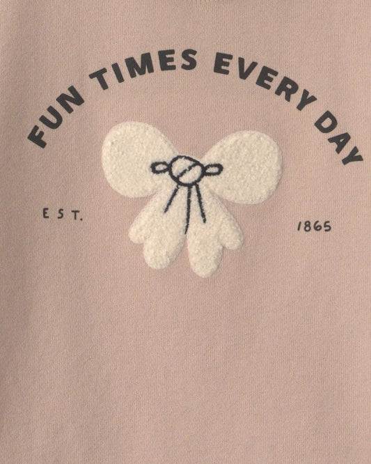 Toddler Girl 'Fun Times Every Day' Bow French Terry Pullover Sweatshirt - Tan