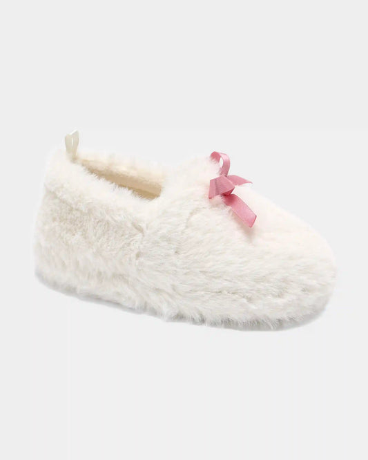 Girls Fuzzy Bow Slippers - Cream/Pink